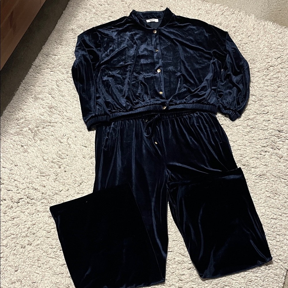 Suzy Shier Midnight Blue Velvet Jumpsuit